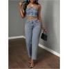 imageMakeMeChic Womens Strapless Shirred Denim Tube Tops Button Front Raw Trim Bandeau ShirtDusty Blue