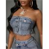 imageMakeMeChic Womens Strapless Shirred Denim Tube Tops Button Front Raw Trim Bandeau ShirtDusty Blue