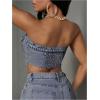 imageMakeMeChic Womens Strapless Shirred Denim Tube Tops Button Front Raw Trim Bandeau ShirtDusty Blue