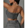 imageMakeMeChic Womens Strapless Shirred Denim Tube Tops Button Front Raw Trim Bandeau ShirtGrey