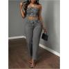 imageMakeMeChic Womens Strapless Shirred Denim Tube Tops Button Front Raw Trim Bandeau ShirtGrey