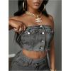 imageMakeMeChic Womens Strapless Shirred Denim Tube Tops Button Front Raw Trim Bandeau ShirtLight Grey
