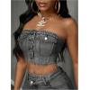 imageMakeMeChic Womens Strapless Shirred Denim Tube Tops Button Front Raw Trim Bandeau ShirtLight Grey