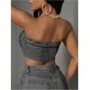 imageMakeMeChic Womens Strapless Shirred Denim Tube Tops Button Front Raw Trim Bandeau ShirtLight Grey