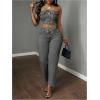 imageMakeMeChic Womens Strapless Shirred Denim Tube Tops Button Front Raw Trim Bandeau ShirtLight Grey