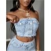 imageMakeMeChic Womens Strapless Shirred Denim Tube Tops Button Front Raw Trim Bandeau ShirtLight Wash