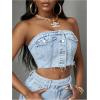 imageMakeMeChic Womens Strapless Shirred Denim Tube Tops Button Front Raw Trim Bandeau ShirtLight Wash