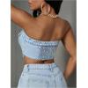imageMakeMeChic Womens Strapless Shirred Denim Tube Tops Button Front Raw Trim Bandeau ShirtLight Wash
