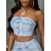 imageMakeMeChic Womens Strapless Shirred Denim Tube Tops Button Front Raw Trim Bandeau ShirtLight Wash