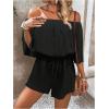 imageMakeMeChic Womens Summer Off Shoulder Rompers Tropical Print Half Sleeve Wide Leg Short JumpsuitBlack