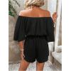 imageMakeMeChic Womens Summer Off Shoulder Rompers Tropical Print Half Sleeve Wide Leg Short JumpsuitBlack