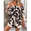 imageMakeMeChic Womens Summer Off Shoulder Rompers Tropical Print Half Sleeve Wide Leg Short JumpsuitBlack and White