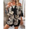 imageMakeMeChic Womens Summer Off Shoulder Rompers Tropical Print Half Sleeve Wide Leg Short JumpsuitMulticolor