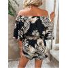 imageMakeMeChic Womens Summer Off Shoulder Rompers Tropical Print Half Sleeve Wide Leg Short JumpsuitMulticolor