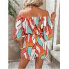 imageMakeMeChic Womens Summer Off Shoulder Rompers Tropical Print Half Sleeve Wide Leg Short JumpsuitMulticolor C