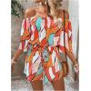 imageMakeMeChic Womens Summer Off Shoulder Rompers Tropical Print Half Sleeve Wide Leg Short JumpsuitMulticolor C