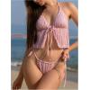 imageMakeMeChic Womens Two Piece Tankini Set Textured Halter Tie Backless Ruffle Thong SwimsuitsPink