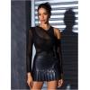 imageMakeMeChic Womens Y2K Cut Out Mesh Sheer Bodysuits Long Sleeve Round Neck Tee Shirt Asymmetrical TopBlack