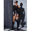 imageMakeMeChic Womens Y2K Cut Out Mesh Sheer Bodysuits Long Sleeve Round Neck Tee Shirt Asymmetrical TopBlack