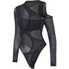 imageMakeMeChic Womens Y2K Cut Out Mesh Sheer Bodysuits Long Sleeve Round Neck Tee Shirt Asymmetrical TopBlack