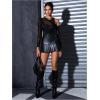 imageMakeMeChic Womens Y2K Cut Out Mesh Sheer Bodysuits Long Sleeve Round Neck Tee Shirt Asymmetrical TopBlack