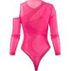 imageMakeMeChic Womens Y2K Cut Out Mesh Sheer Bodysuits Long Sleeve Round Neck Tee Shirt Asymmetrical TopHot Pink