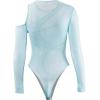 imageMakeMeChic Womens Y2K Cut Out Mesh Sheer Bodysuits Long Sleeve Round Neck Tee Shirt Asymmetrical TopMint Blue