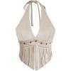 imageMakeMeChic Womens Cowgirl Fringe Faux Suede Halter Tops Western Tie Backless Sleeveless Festival Rave TopApricot