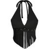 imageMakeMeChic Womens Cowgirl Fringe Faux Suede Halter Tops Western Tie Backless Sleeveless Festival Rave TopBlack