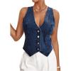imageMakeMeChic Womens Denim Vest Tops Y2K Button Down V Neck Asymmetrical Crop Jean Vest JacketsDark Wash