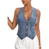 imageMakeMeChic Womens Denim Vest Tops Y2K Button Down V Neck Asymmetrical Crop Jean Vest JacketsLight Wash