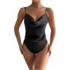 imageMakeMeChic Womens Draped Front Satin Bodysuit Sleeveless Spaghetti Strap Tank Tops ShirtsBlack