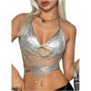 imageMakeMeChic Womens Sequin Fishnet Halter Tops Y2K Glitter Criss Cross Tie Back Crop Festival Rave TopSilver