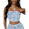imageMakeMeChic Womens Strapless Shirred Denim Tube Tops Button Front Raw Trim Bandeau ShirtLight Wash