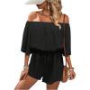 imageMakeMeChic Womens Summer Off Shoulder Rompers Tropical Print Half Sleeve Wide Leg Short JumpsuitBlack
