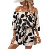 imageMakeMeChic Womens Summer Off Shoulder Rompers Tropical Print Half Sleeve Wide Leg Short JumpsuitBlack and White