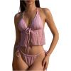 imageMakeMeChic Womens Two Piece Tankini Set Textured Halter Tie Backless Ruffle Thong SwimsuitsPink