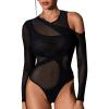imageMakeMeChic Womens Y2K Cut Out Mesh Sheer Bodysuits Long Sleeve Round Neck Tee Shirt Asymmetrical TopBlack