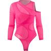 imageMakeMeChic Womens Y2K Cut Out Mesh Sheer Bodysuits Long Sleeve Round Neck Tee Shirt Asymmetrical TopHot Pink