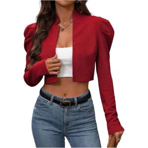 imageMakeMeChic Womens Business Casual Blazers Long Puff Sleeve Open Front Work Office Cropped Blazer Suit JacketBurgundy