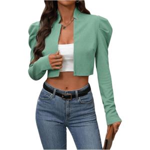 imageMakeMeChic Womens Business Casual Blazers Long Puff Sleeve Open Front Work Office Cropped Blazer Suit JacketGreen