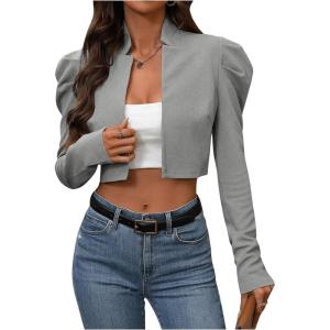 imageMakeMeChic Womens Business Casual Blazers Long Puff Sleeve Open Front Work Office Cropped Blazer Suit JacketGrey