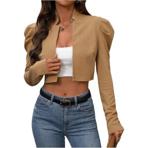 imageMakeMeChic Womens Business Casual Blazers Long Puff Sleeve Open Front Work Office Cropped Blazer Suit JacketKhaki