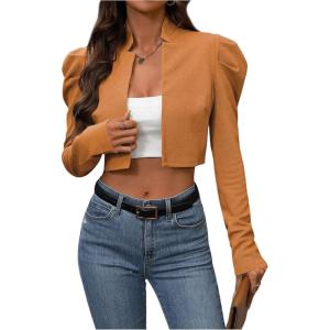 imageMakeMeChic Womens Business Casual Blazers Long Puff Sleeve Open Front Work Office Cropped Blazer Suit JacketMustard Yellow