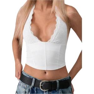 imageMakeMeChic Womens Cheetah Print Top Halter Corset Top Sexy Deep V Neck Going Out TopsWhite Lace