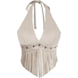 imageMakeMeChic Womens Cowgirl Fringe Faux Suede Halter Tops Western Tie Backless Sleeveless Festival Rave TopApricot
