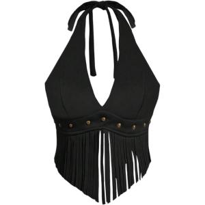 imageMakeMeChic Womens Cowgirl Fringe Faux Suede Halter Tops Western Tie Backless Sleeveless Festival Rave TopBlack