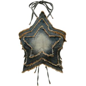 imageMakeMeChic Womens Denim Halter Tops Y2K Backless Raw Hem Tie Back Crop Party Club TopsBlue