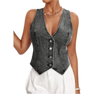 imageMakeMeChic Womens Denim Vest Tops Y2K Button Down V Neck Asymmetrical Crop Jean Vest JacketsDark Grey