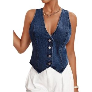 imageMakeMeChic Womens Denim Vest Tops Y2K Button Down V Neck Asymmetrical Crop Jean Vest JacketsDark Wash